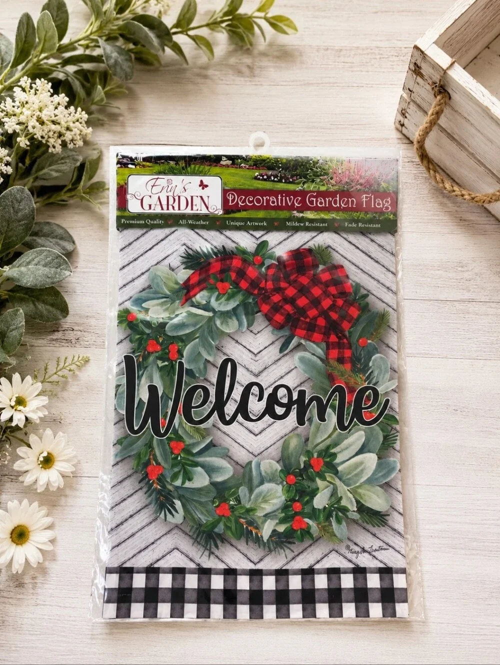 Winter Welcome Holiday Garden Flag - Red Plaid & Green Wreath